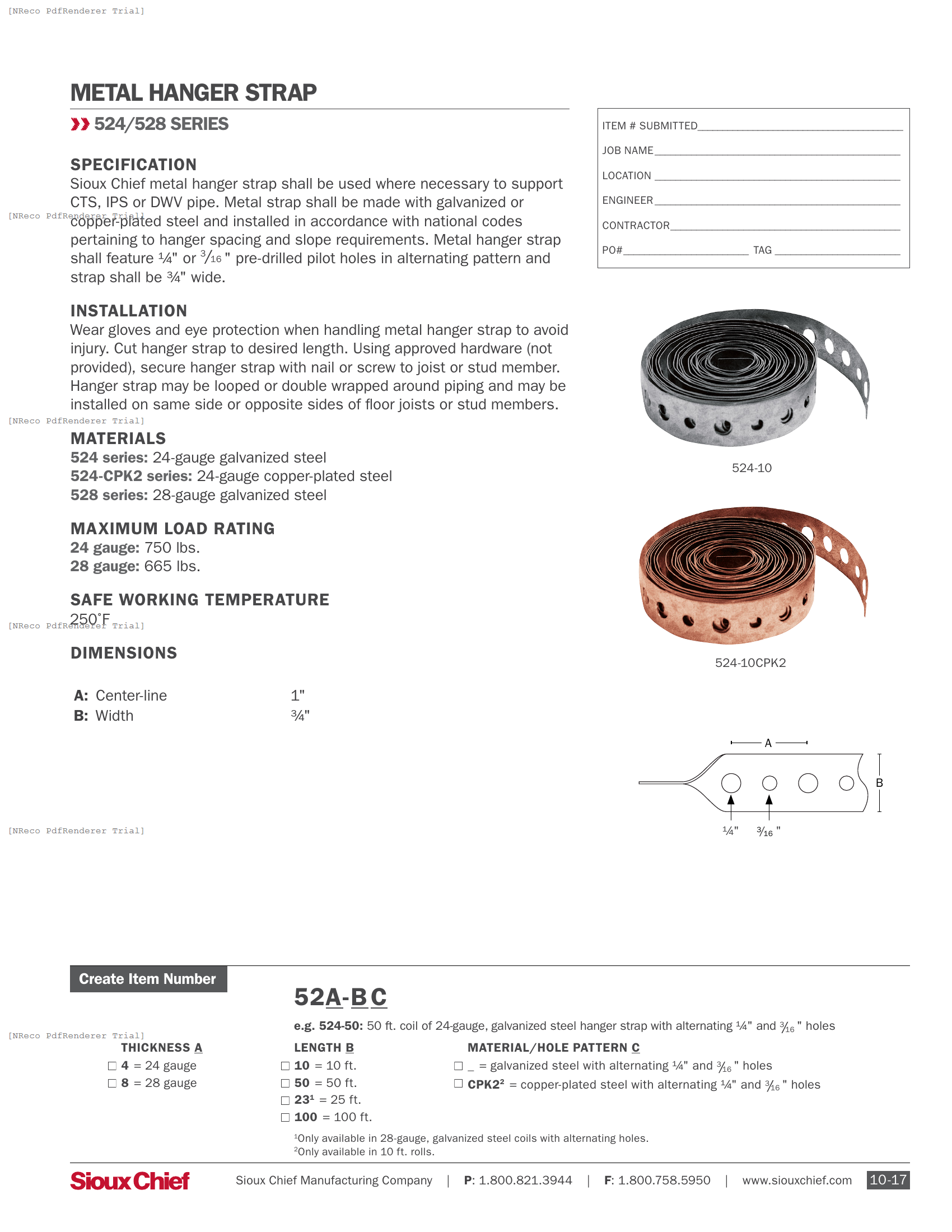 524 & 528 SERIES -  METAL HANGER STRAP - SPEC SHEET.PDF Specification Document